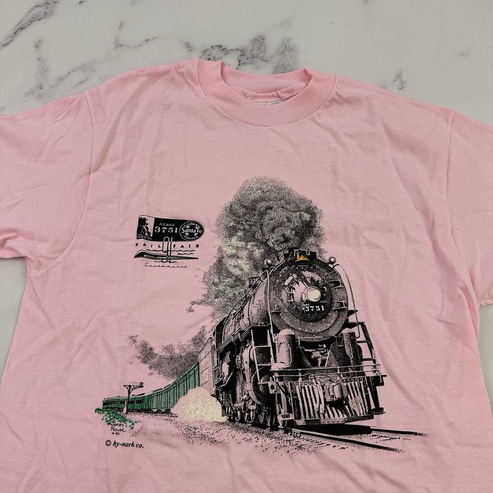 Rail Fair Sacramento Mens Vintage 90s Graphic Tee Size M Pink Train Engine 3751 View 2